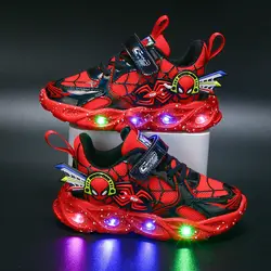 Disney meninos sapatos desenhos animados luzes led primavera outono malha crianças esportes tênis de corrida azul vermelho tamanho 21-36