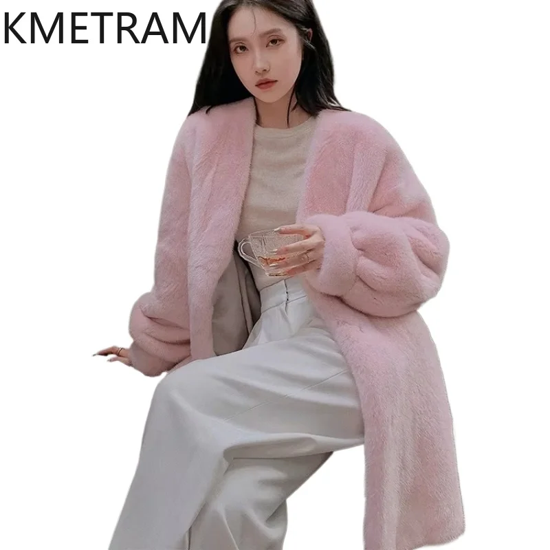 Real Mink Fur Coat Women Luxury Mid Length Fur Jacket Winter New in Outerwears Fashion Womans Clothing V-neck шуба женская 2024