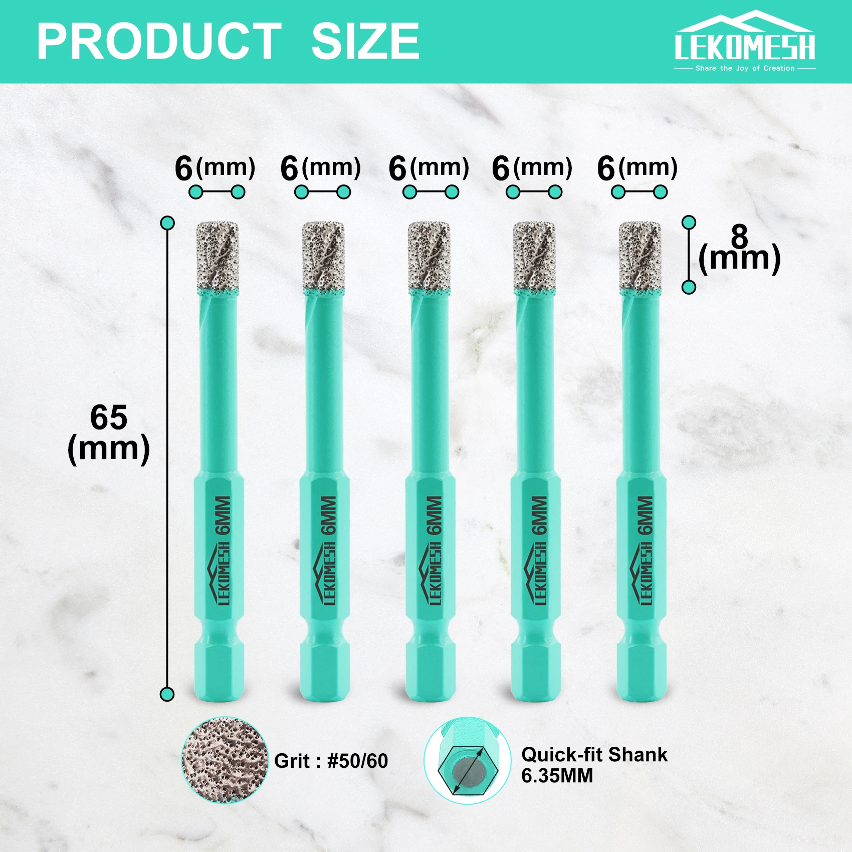 LEKOMESH 5pcs  Dia 6mm Diamond  Dry Drilling Bits Diamond Opener Core Drill For Ceramic Tile Marble Quick-Fit Shank Hole Saw