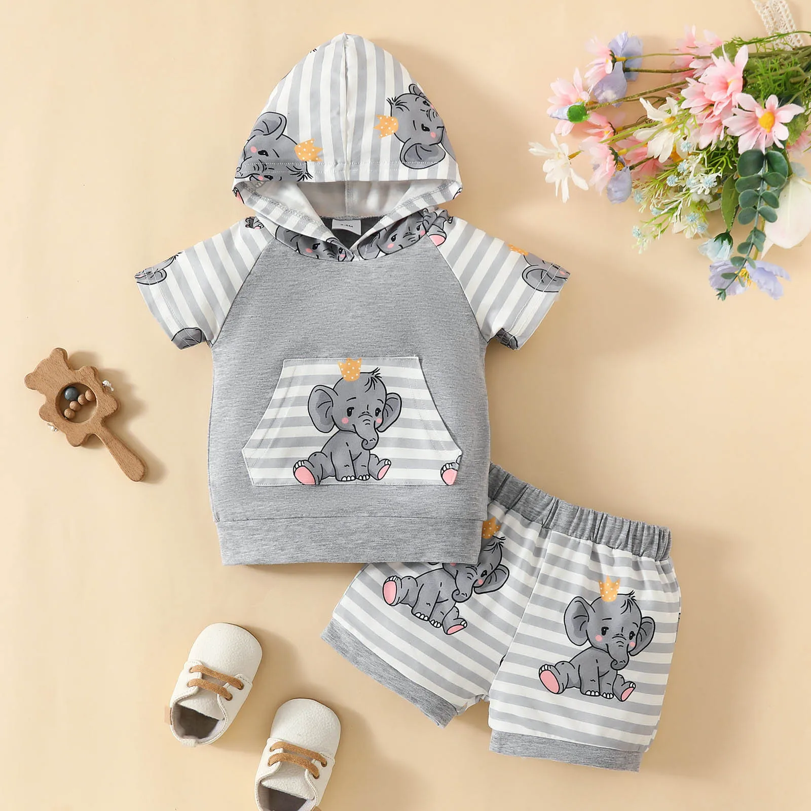 

0-24M Newborn Infant Boys Clothes Sets Short Sleeve Cartoon Elephant Prints Hooded Tops +Striped Shorts 2Pcs New Born Outfits