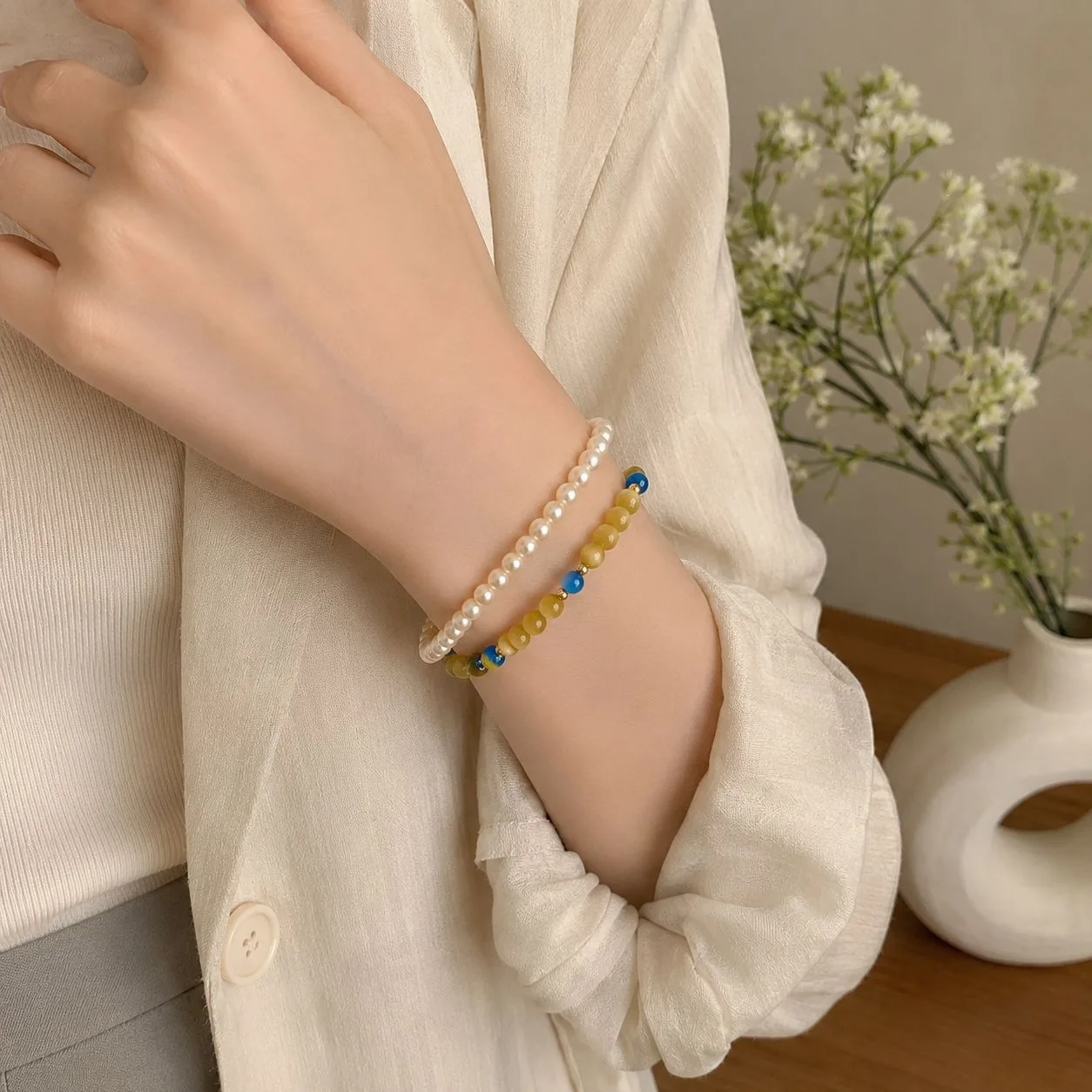 Bracelet Chinese Style Seed Pearl Cat Eye Stone Contrast Color Stackable Layered Delicate High Quality Jewelry for Women Daily