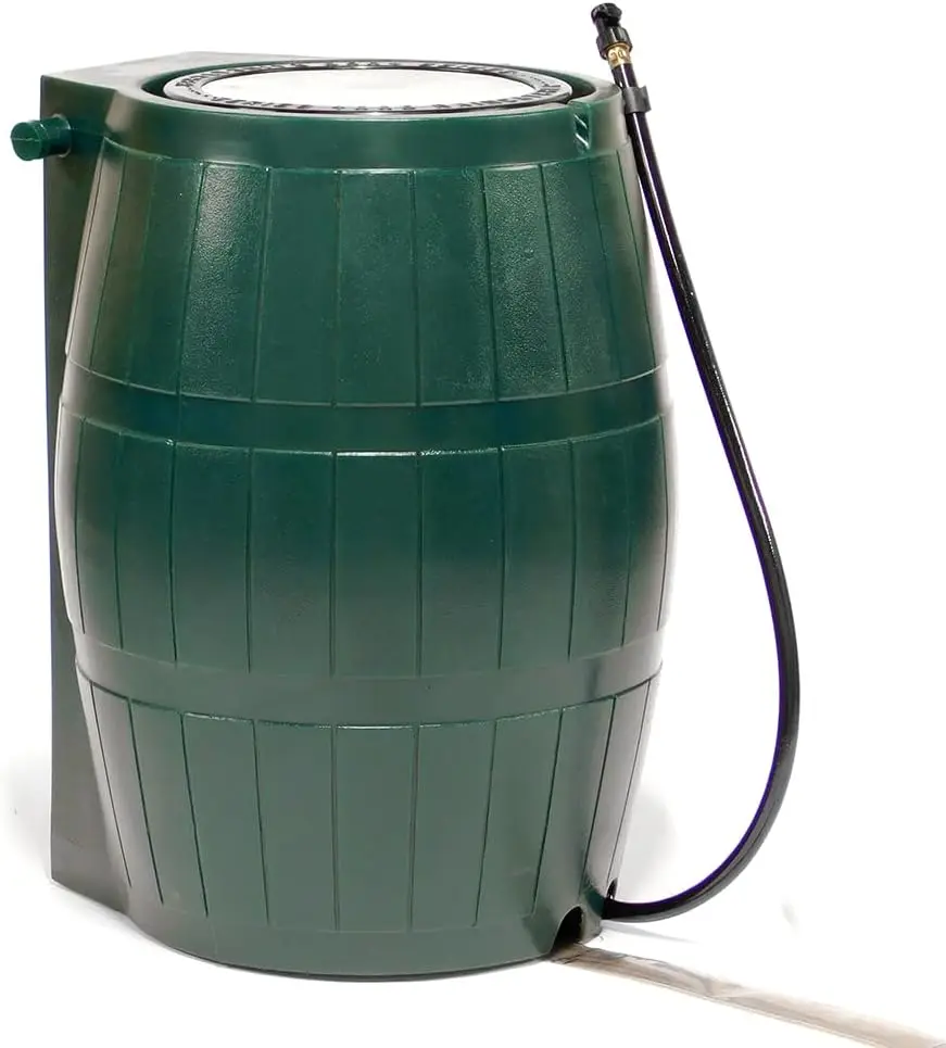 Green 50 Gallon Flat‑Back Rain‑Water Collection Barrel with Multi‑Purpose Spigots, Space‑Saving Outdoor Rain Catcher Storage Container for Backyard, Patio & Garden Irrigation