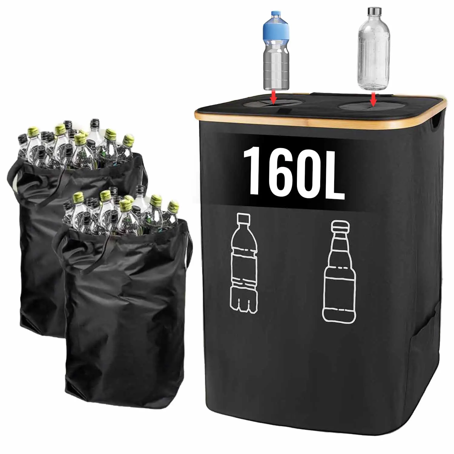 Contenedor de recolección de botellas de 160L, organizador de botellas de depósito de 2 compartimentos, almacenamiento de botellas vacías, bolsa lavable para lavadora