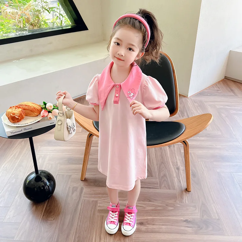 Kawaii Sanrios gaun lengan pendek My Melody Girls modis rok putri manis anak rok Preppy musim panas imut pakaian Anak