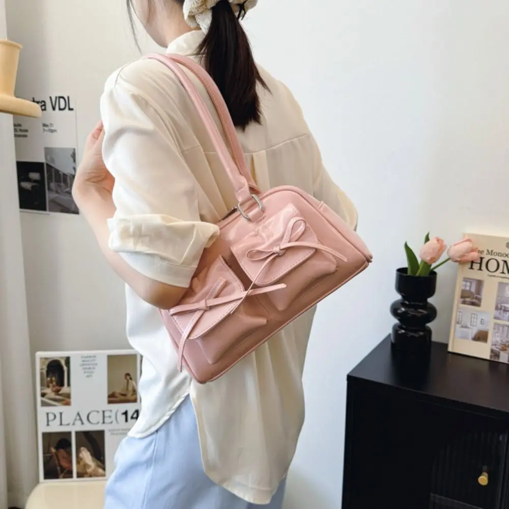 

Vintage French Style Bow Tie Bowling Bag Elegant Bowknot Boston Shoulder Bag Large Capacity PU Leather Women Handbags Girls