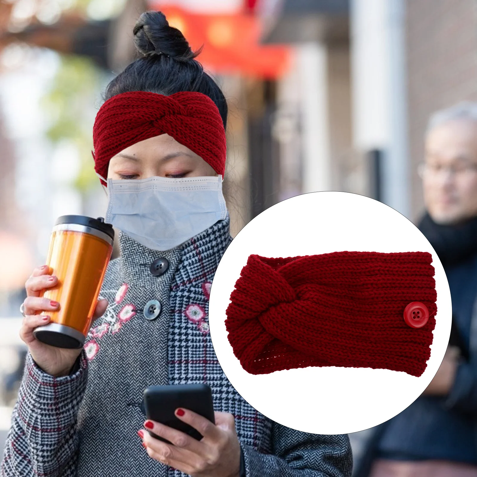 

8 шт., теплая зимняя вязаная шерстяная повязка на голову, грелка для ушей, маска с двойной кнопкой, повязка для волос для активного отдыха, мягкая и удобная