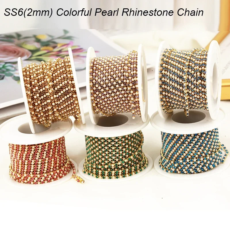 2mm Gold Pearl Rhinestone Cup Chain Ribbon Glass Dense Colorful Rhinestone Pearl Chain Trim Apparel Cup Chain For DIY Garments