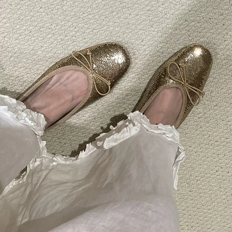 

New Women Ladies Luxury Glitter Gold Spangle Sequin Design Stretchy Bow Round Toe Slip on Ballet Soft Flats Casual Sequins Shoes