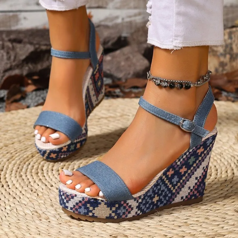 

Bohemian High Heel Sandals Women's Summer Denim Material Ultra High Heels Beach Sandals Rubber Sole Ladies Footwear
