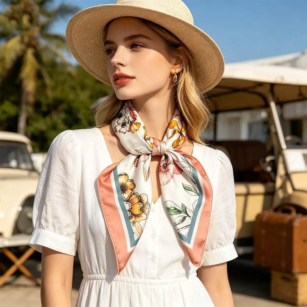 

65*65cm Fashion Luxury Women Silk Scarf Flowers Print Square Headband Scarf All-Match Breathable Handkerchief Scarf