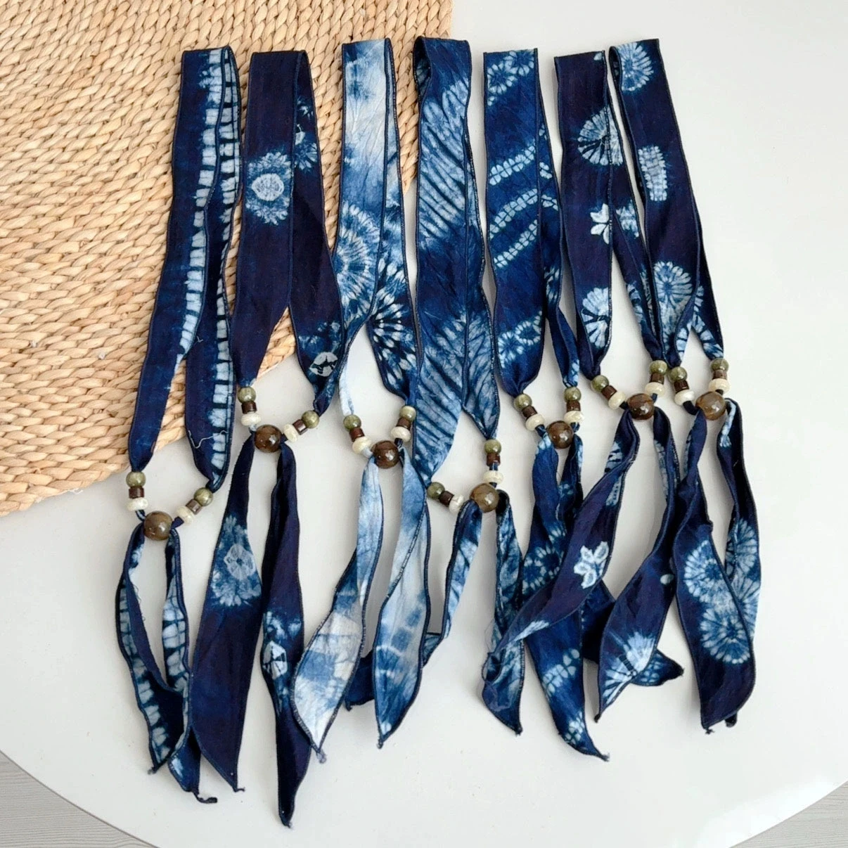 

Vintage Handmade Indigo Dyed Scarf for Women Spring & Autumn Small Breathable Beaded Necklace Scarves for Ladies