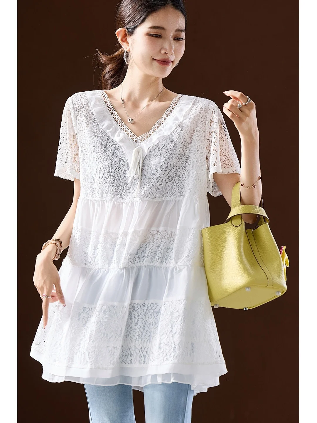 

Sweet Style Lace Hollow out Splice Pleated Fashion Short Sleeve Midi V-Neck plus Size Women's Top Summer Chiffon Blouse