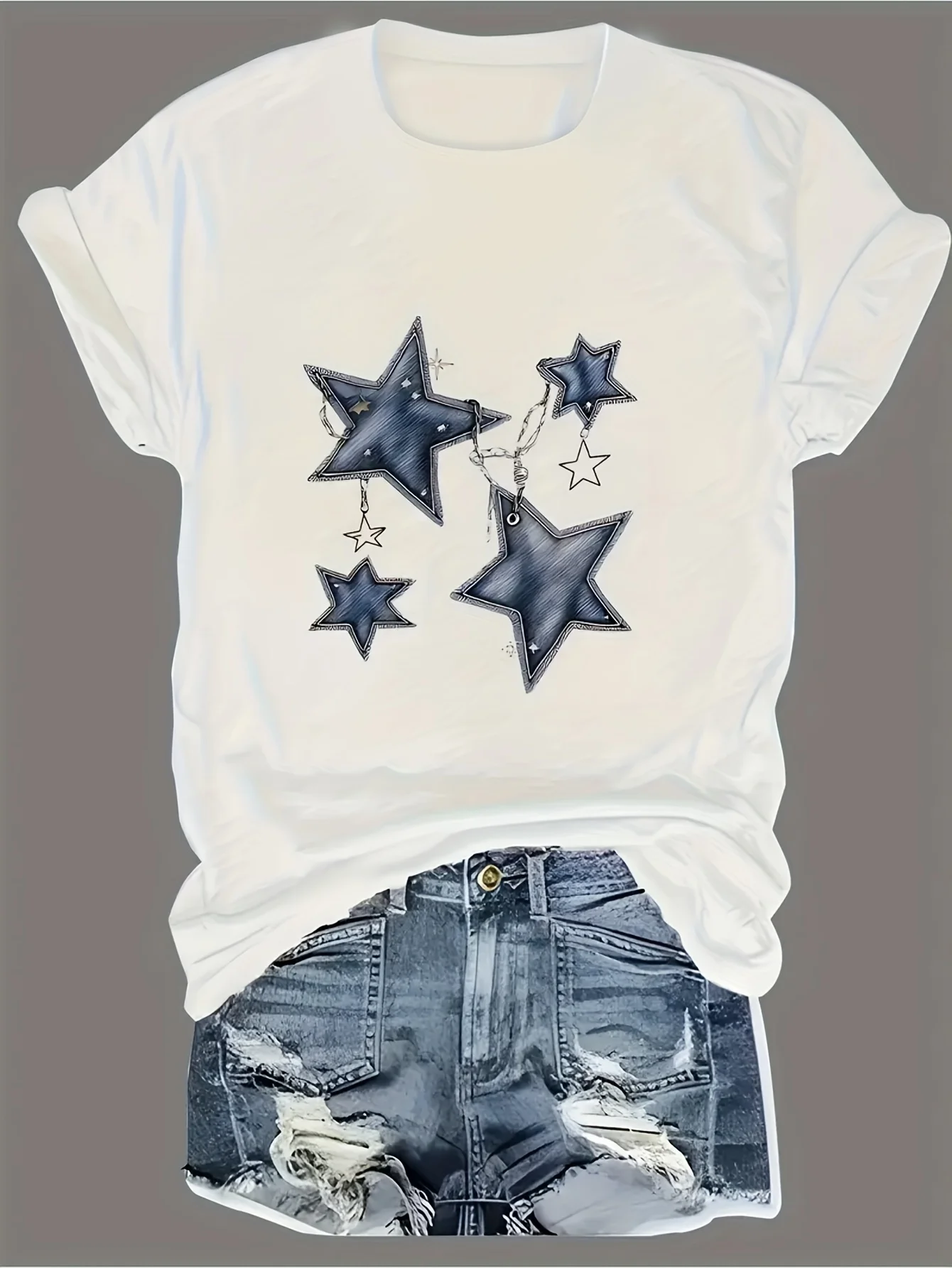 

Футболка «Летняя звезда» 2025 года, футболка с v-образным вырезом и графическим принтом «Летняя звезда», «Звезды» в джинсовом стиле с цепочными акцентами, простой дизайн