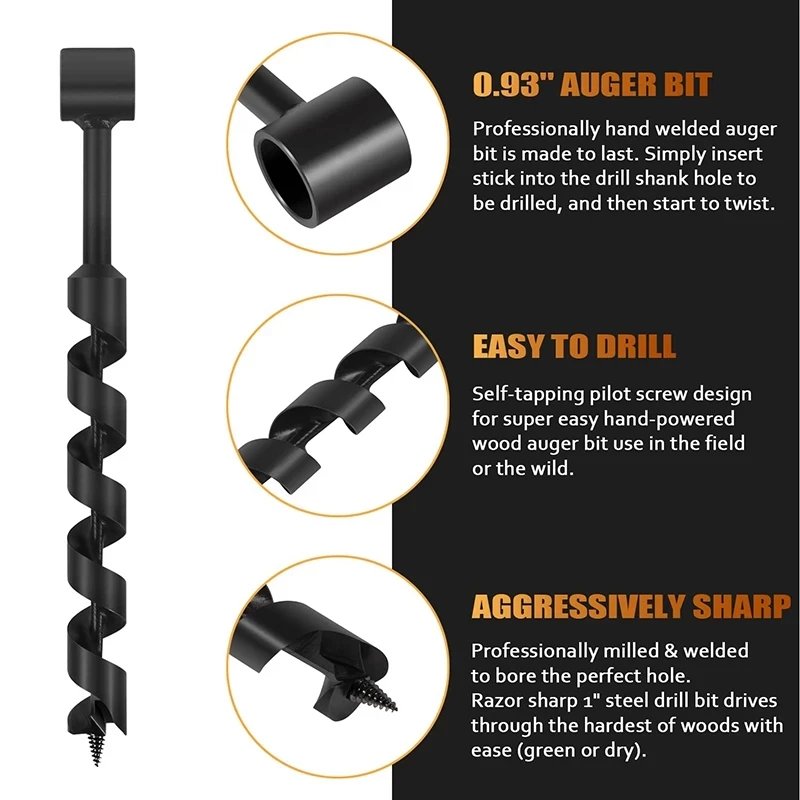 TML 1” X 12” Scotch Eye Wood Auger Drill Bit Hand for Bushcraft Backpack and Camping