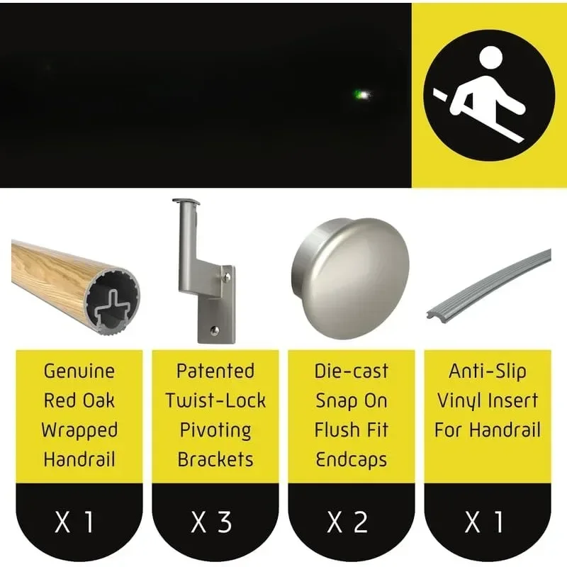 Kit corrimano da incasso da 4 piedi - Corrimano interno completo per scale - Nucleo rotondo in alluminio avvolto in vero legno da 1,6"