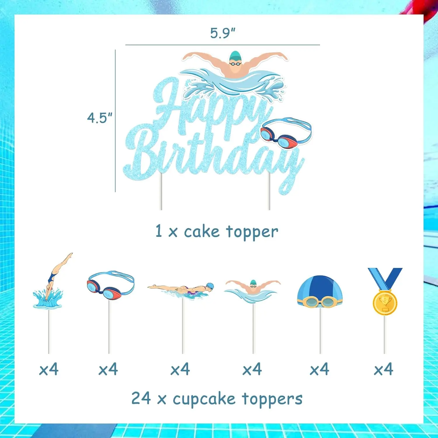 25Pcs Swim Party Cake Decor Happy Birthday Cupcake Toppers Double Sided Printing for Swim Pool Theme Birthday Party Supplies