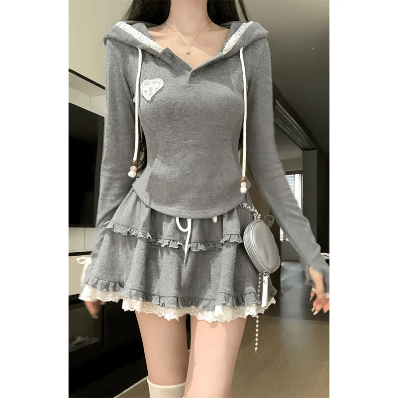 

Auutmn 2 Piece Skirt Sets Women Casual Korean Fashion Y2k Crop Top Hoodies + Mini Skirts Jacket Coats Vintage Suits Sportwear