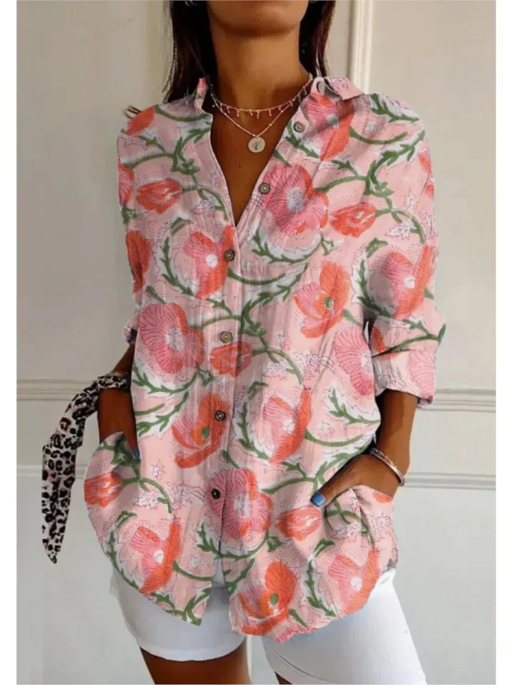 

Lady Print Shirt Top Casual V Neck Long Sleeve Button Shirts Tops For Women Fashion Boho Holiday Womens Clothing Spring New 2025