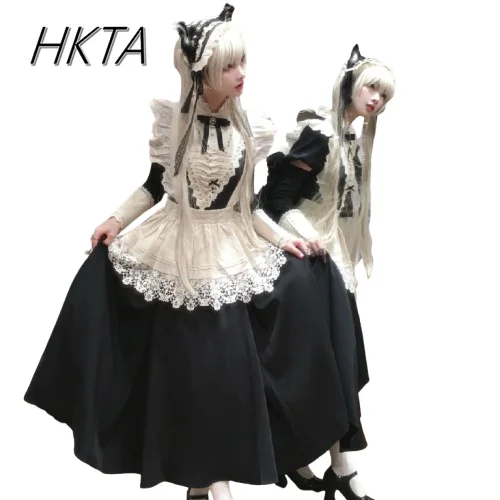 Lolita Grembiule staccabile Manica lunga Pizzo A Line Bow Abiti lunghi Donna Primavera Dolce e carino Cospiay Costume Maxi Abiti Ragazze