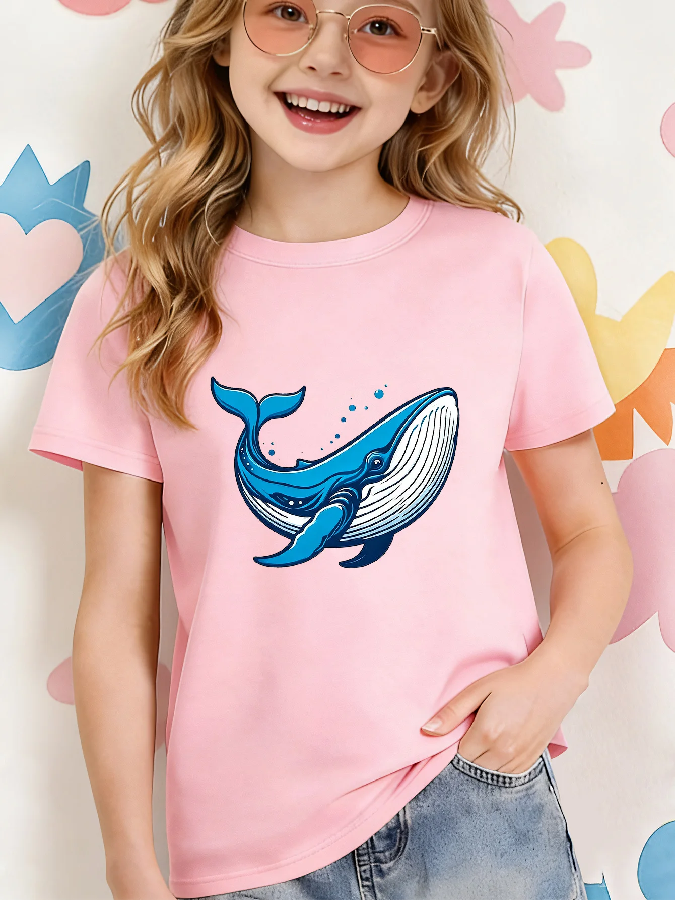 Blue Ocean Whale Graphic Kids T Shirt Boys Girls Short Sleeve Crew Neck Cotton Parent Matching Casual Tops Toddler Youth