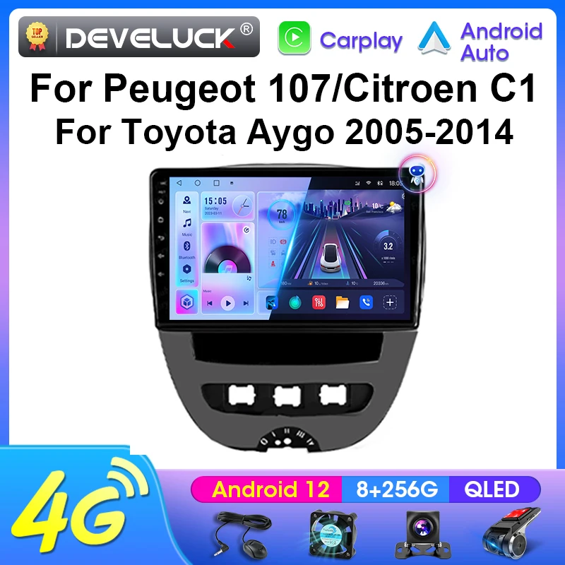 Android 12 Car Radio For Peugeot 107 Toyota Aygo Citroen C1 2005 - 2014 2 Din Stereo Multimedia Video Player 4G Carplay Auto DVD