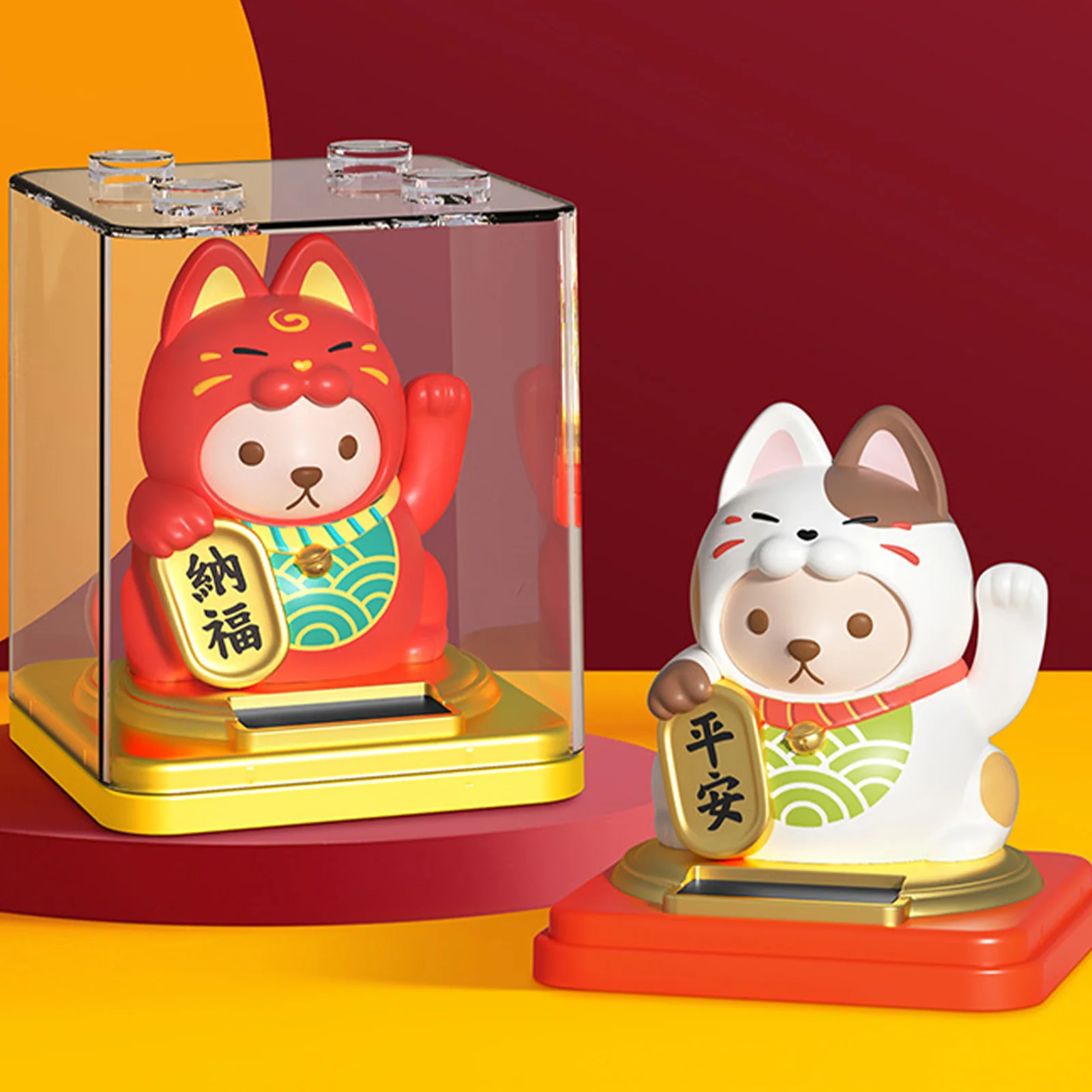 2inch/3inch Solar Powered Lucky Cat Figurine Auto Waving Wealth Good Luck Decorative Car Ornament Home Office Decoration Crafts