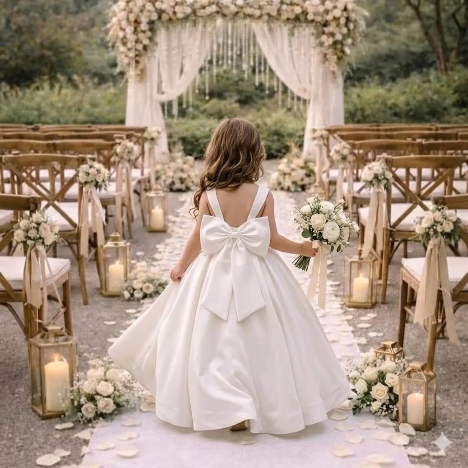 

First Communion Dress Girls White Satin Flower Girl Dress Backless Bow High Waist A Line Wedding Dress Performance Pageant
