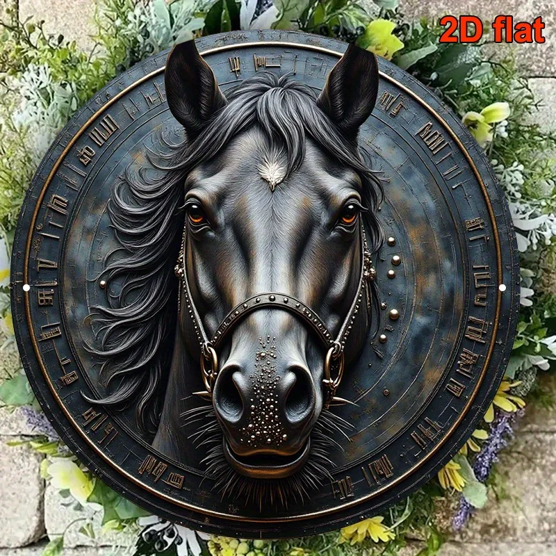 2D Flat, 1pc Vintage Black Horse Head Portrait Plaque - Metallic End Wall Decor with Facial Markings - Elegant Tabletop Or Hangi
