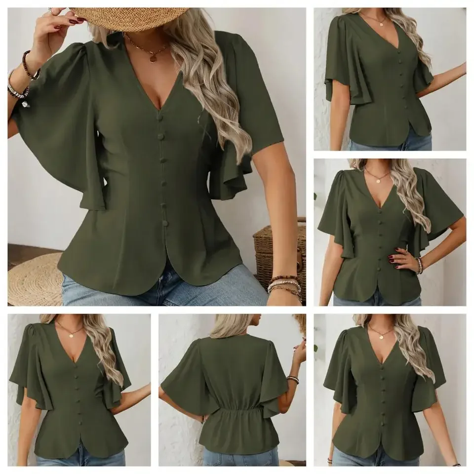 

Elegant Waist Slim Shirts Women Solid Short Sleeve Stand Collar Single Breasted Shirt 2026 Summer Chic Commute Lady Tops