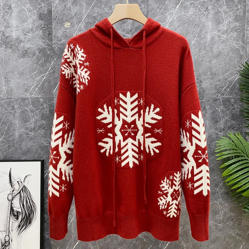 Vintage Pattern Heavyweight Australian Pure Wool Red Knitted Hat Sweater New Year Sle Women's Loose Fit Long Sve Top - view 2