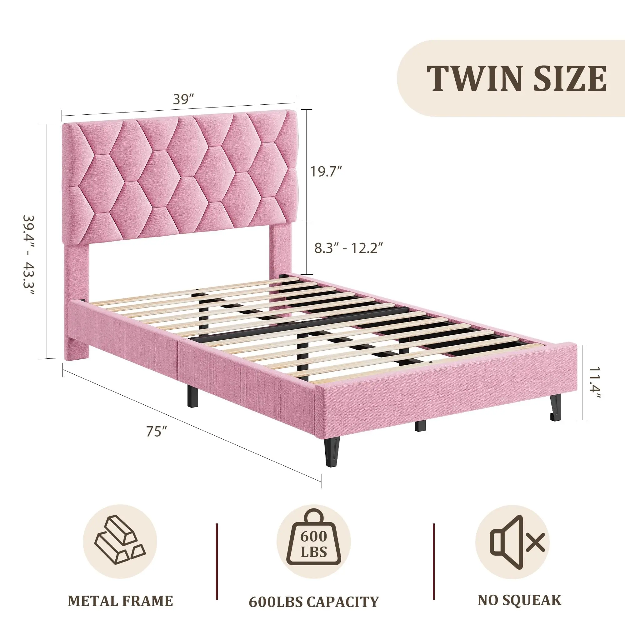 Twin Bed Frames with Upholstered Adjustable Headboard, Pink | Platform Bed Frame, Bed Base with Strong Wooden Slats Support, No Box Spring Needed, Noise Free, Easy Assembly, Bedroom