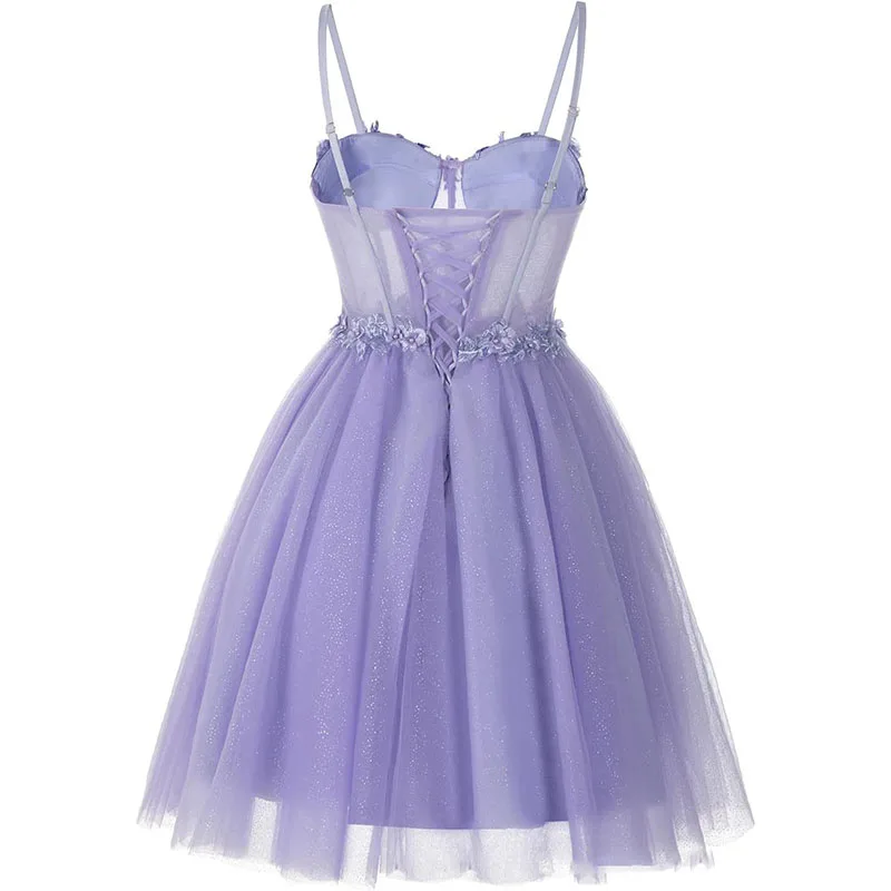 Minivestido lila con Apliques de encaje para niñas, con tirantes finos traje de fiesta, vestidos de cóctel, 2024