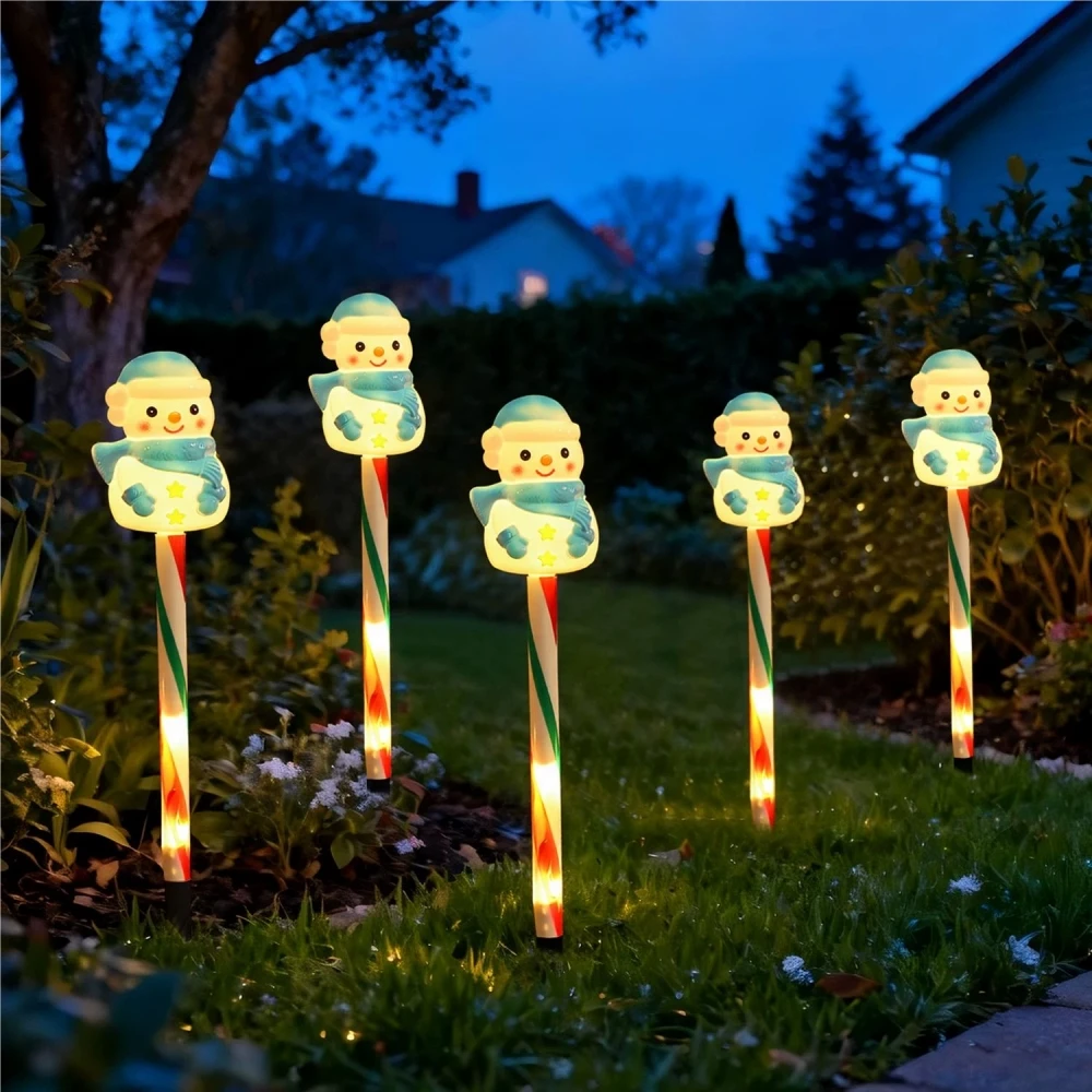 Solar Powered Christmas Snowman Candy Lights Outdoor Yard Waterproof Decorations 5 in 1 8 Modes LED Garden Stake Lights