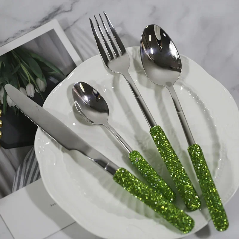 Conjunto de louça de luxo 304 aço inoxidável verde diamante faca garfo colher espumante bling utensílios para cozinha presentes casamento