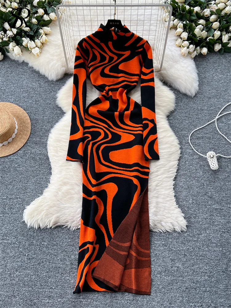 SINGREINY American Evening Party Dress 2024 Newest Ladies Turtleneck Zipper  Print Bodycon Split Fashion Knitting Long Dresses - AliExpress