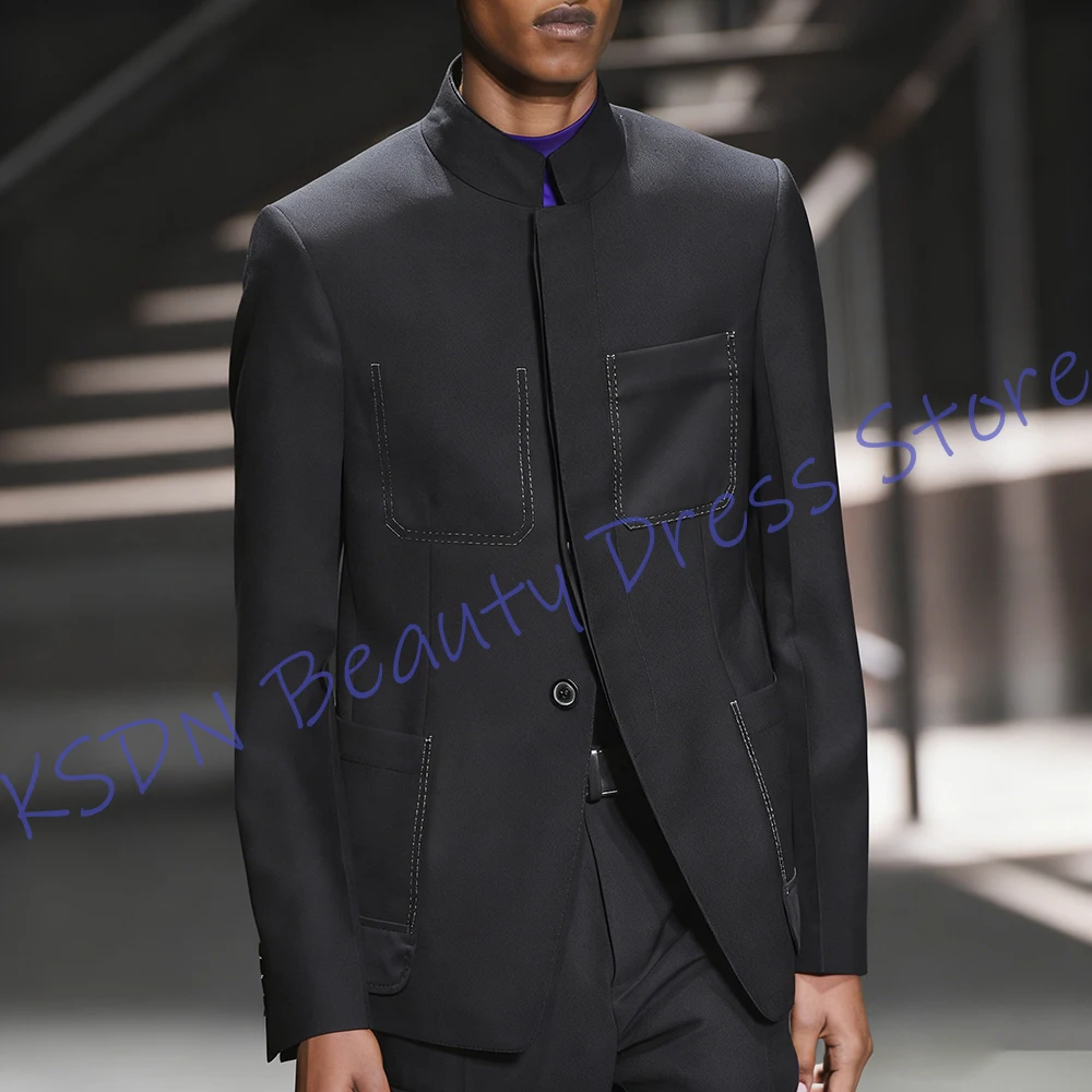 

Черный мужской костюм с воротником-стойкой, современный комплект из двух предметов (куртка + брюки), однобортный пиджак, официальная вневременная одежда для джентльменов