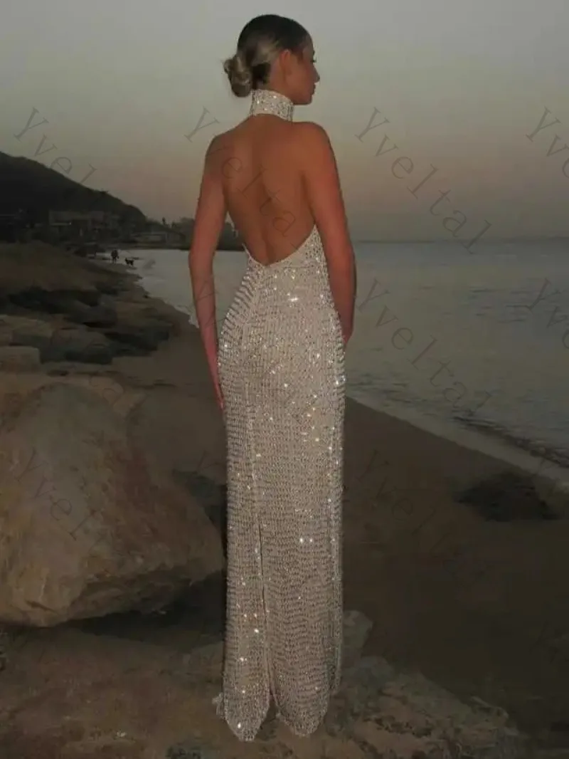 Customized Deep V Detail Open Back Gorgeous Halter High Collar Wedding Dress Silver Sequin Bodice Bodycon Dress Bridal Gown