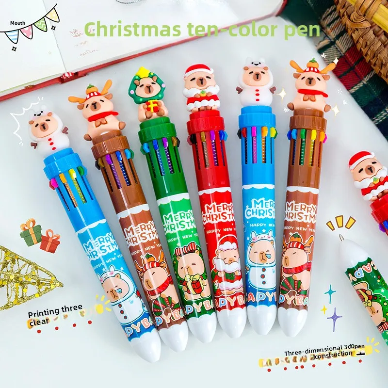 12 قطعة عيد الميلاد كابيبارا عشرة ألوان أقلام حبر جاف لطيف طالب الملونة كتيب دفع عيد الميلاد القرطاسية الهدايا العودة إلى المدرسة