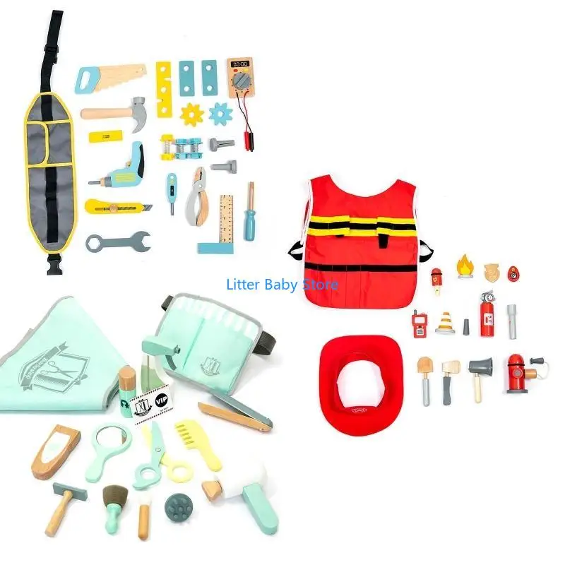 

N80C 1 Set Children's Role-playing Simulation for Play House Suit Little Firefighter Barber Engineer Boy Girl Wooden Toy