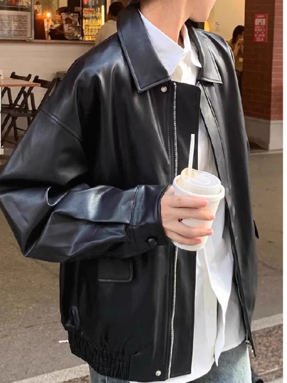 Jaet de couro marrom feminino primavera novo tamanho pequeno hong kong sle retro americano motocicleta jaet merald commuter solto ajuste