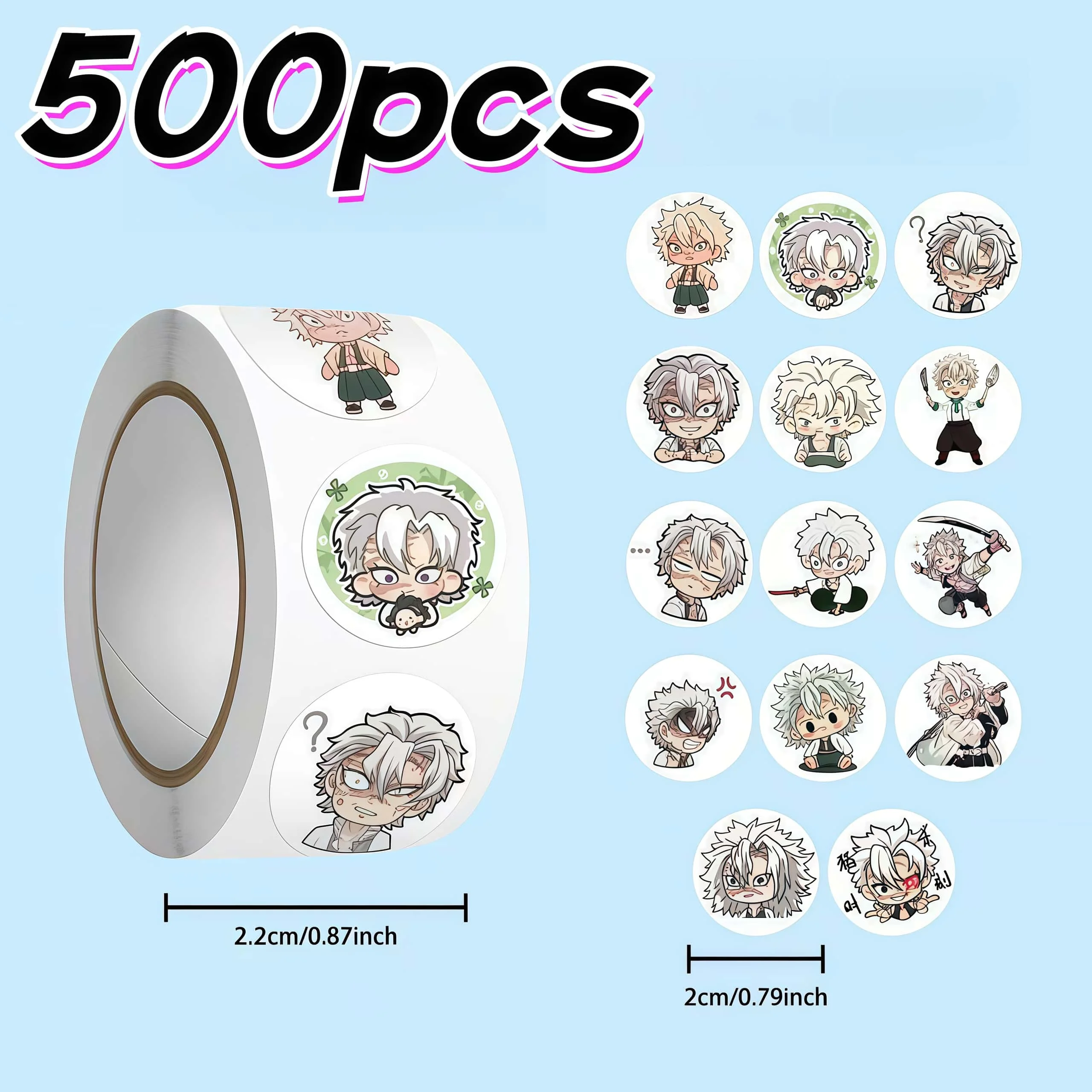 500Pcs Demon Slayer Sanemi Chibi Round Sticker Roll, Multi Expression Anime Character Labels for Packaging Journal Manga Fan DIY