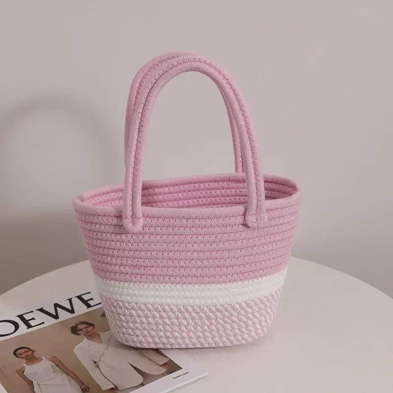 Pink Twist Hand-held Cotton Woven Bag New Small Fresh Hand-held Women's Bag To Go Out on Holiday Picnic Basket