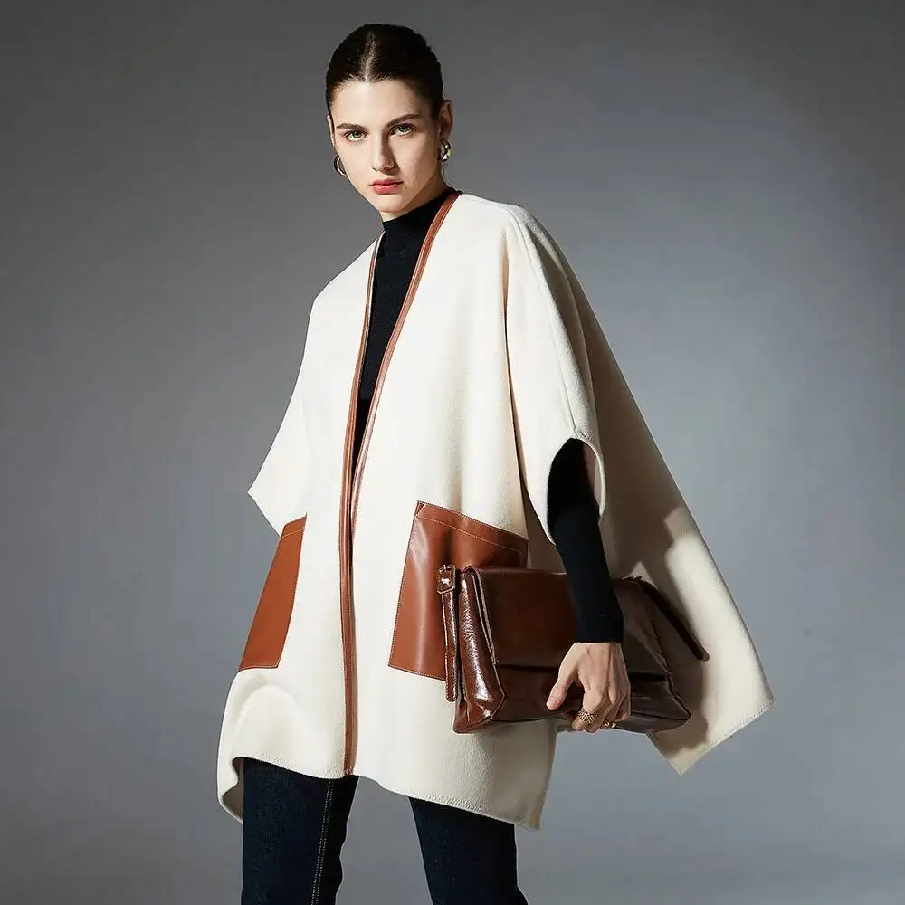 

Fashion Elegant Double Sides Wool Coat Cape Leather Pockets Good Quality Poncho Women Autumn Winter Outerwear Cloak