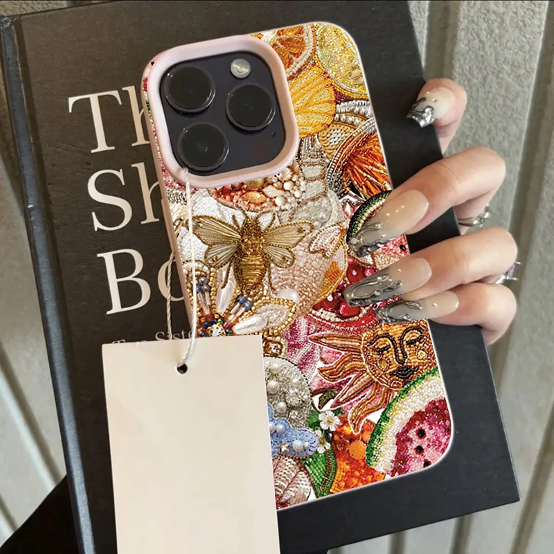 Golden Bee Sun Collage Lychee Texture Silicone Phone Case For iPhone 11 12 13  16 17 Pro Max 15 Plus 14 15 17 Air Soft Cover