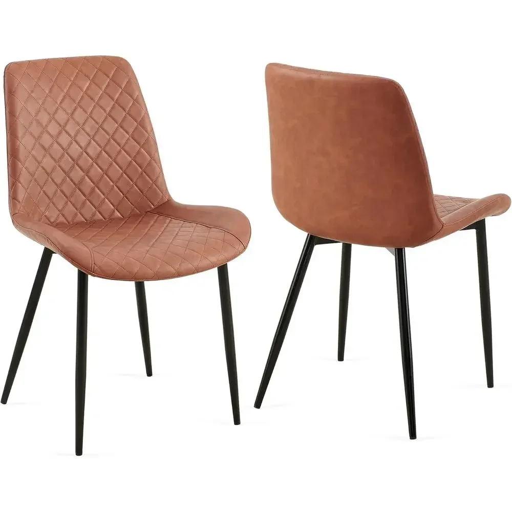 Upholstered Leatherette Dining Chairs Set of 2 with Diamond Stitched Cushions and Metal Legs, Easy Assembly (Brown)