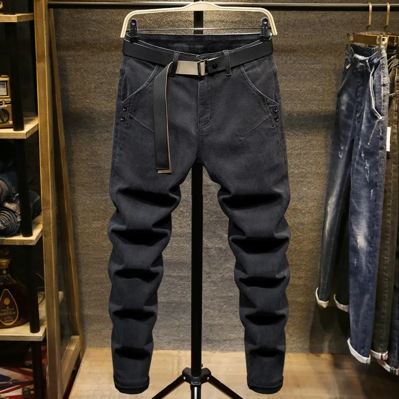 

Autumn Winter Men's Slim Fit Jeans Elastic Waist Side Pocket Thickened Black Long Pants Youth Trendy Cotton Stretch Denim