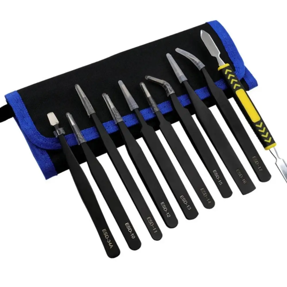 

9/10pcs Curved/Straight Design Precision Tweezers Set Hand Tools Durable Industrial Repair Tools Multiple Sizes Black