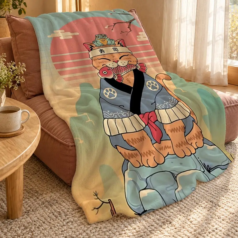 Japanese Style Cat Throw Double Sided Flannel Throw Blanket Soft Travel Camping Sofa Bed Home