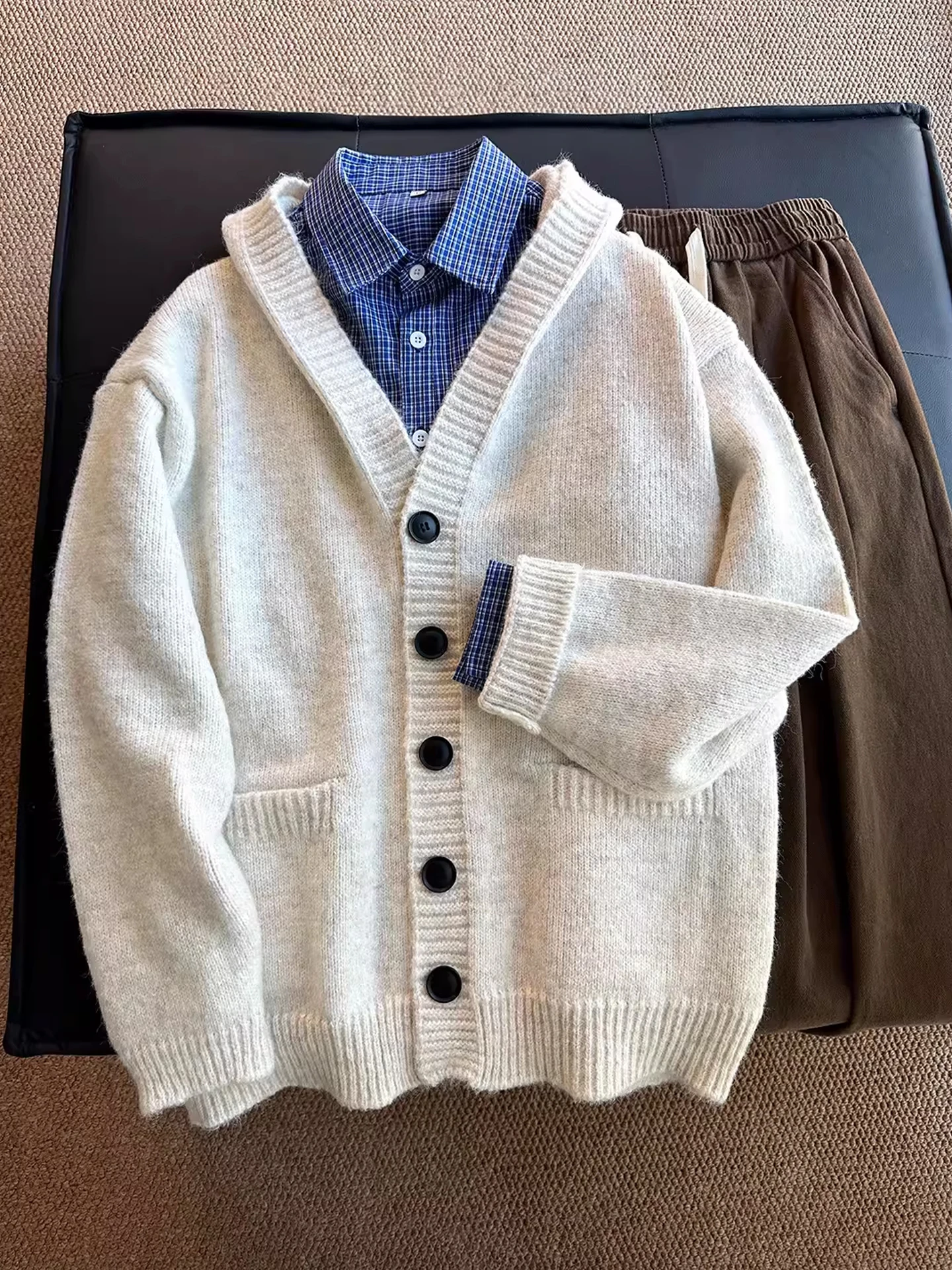 

Американский вязаный кардиган-худи унисекс, свободный крой, весна-осень, универсальный свитер с V-образным вырезом, полиэстер