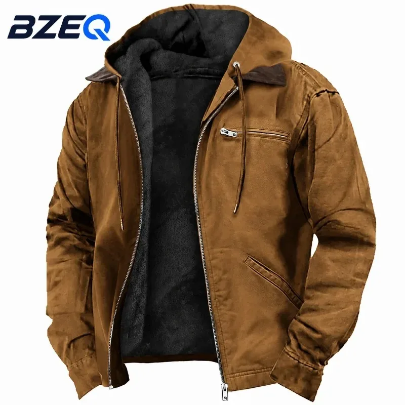 New men's fall-winter casual hooded zipper warm jacket with multiple pockets outdoor hooded sweater coat